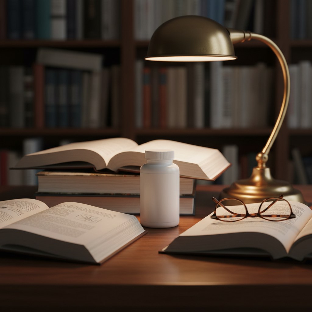White magnesium bottle on a library study desk with stacked open books, a brass lamp, and reading glasses